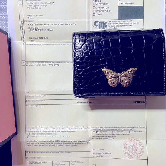 GUCCI GARDEN CROCCO Blk Crocodile Skin MOTH Brass Emblem Trifold Small Wallet,IT - Picture 2 of 10